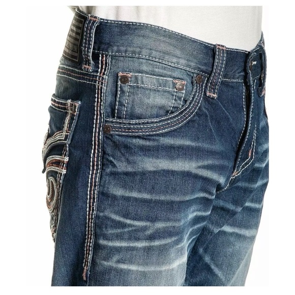 Affliction Men's Denim Jeans BLAKE FLEUR RINGO Biker Blue Embroidered - Picture 5 of 10